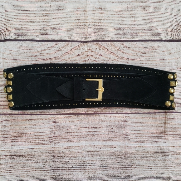 B-Low the Belt Gold Studded Black Leather Belt - Picture 3 of 9